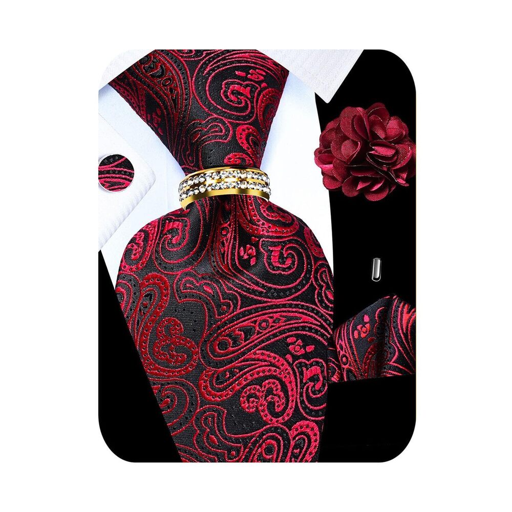 5295 5PCS Red Black Paisley Tie Pocket Square , Silk Necktie